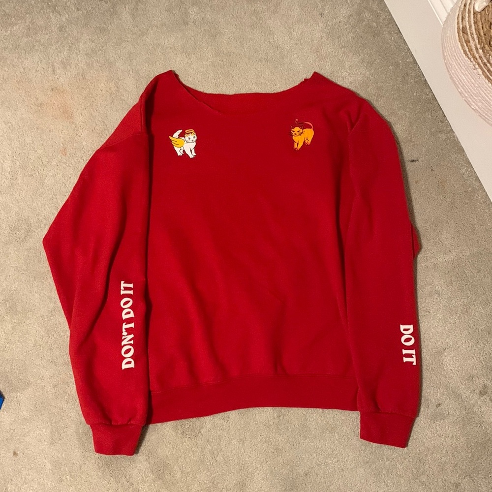 Emma Chamberlain Red Off-The-Shoulder Angel/Devil Crewneck